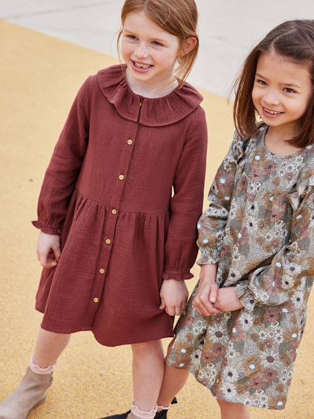 Buttoned Dress in Cotton Gauze for Girls chocolate+rose beige 