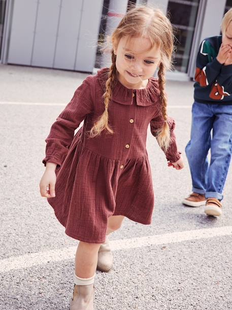 Buttoned Dress in Cotton Gauze for Girls chocolate+rose beige 