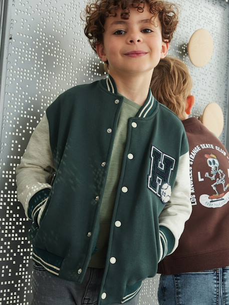 College-Type Jacket in Fleece, Patch in Bouclé Knit, for Boys fir green+hazel+red 