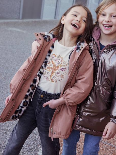 Hooded Parka with Faux Fur Lining for Girls black+dusky pink+green+khaki+old rose 