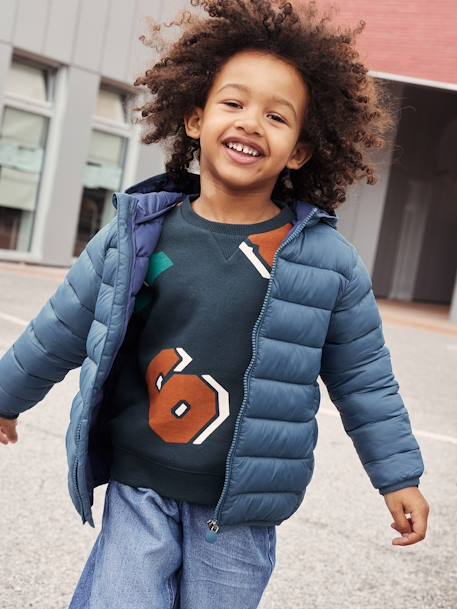 Lightweight Jacket with Recycled Polyester Padding & Hood for Boys BEIGE DARK SOLID WITH DESIGN+denim blue+English green+green+navy blue+petrol blue 