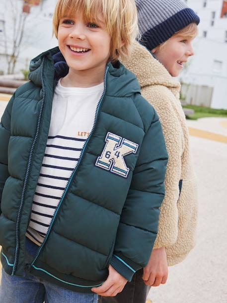 College-Style Padded Jacket with Polar Fleece Lining for Boys fir green+navy blue 