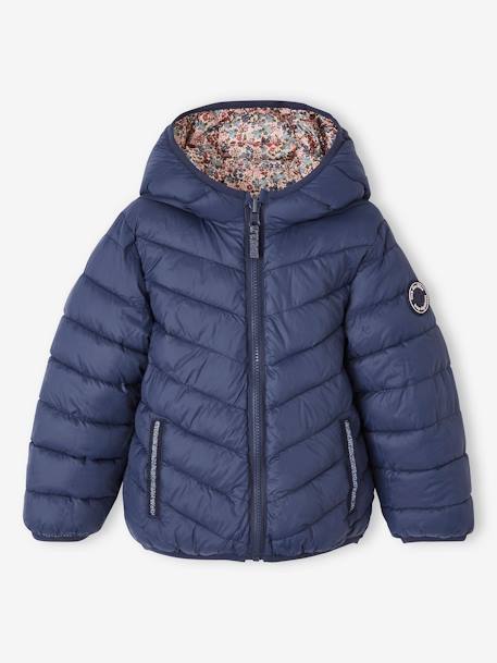 Reversible Lightweight Padded Jacket with Padding in Recycled Polyester, for Girls 6306+GREY DARK ALL OVER PRINTED+night blue+PINK BRIGHT ALL OVER PRINTED 