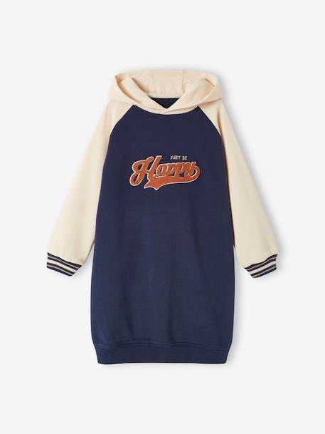 Hooded Varsity-Style Fleece Dress for Girls night blue 