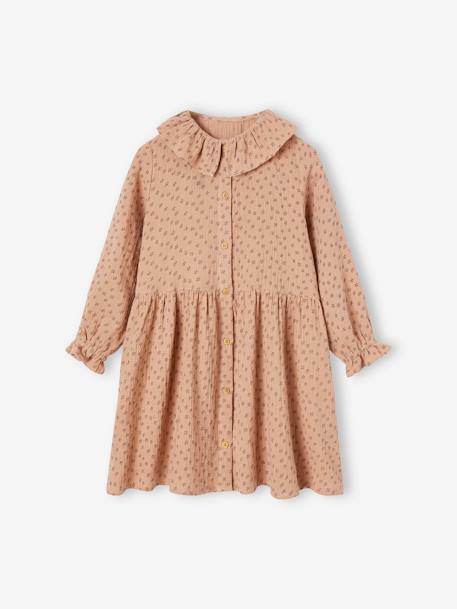 Buttoned Dress in Cotton Gauze for Girls chocolate+rose beige 