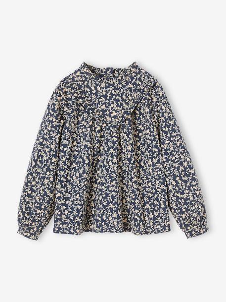 Blouse with Crew Neck & Floral Print for Girls ecru+navy blue 