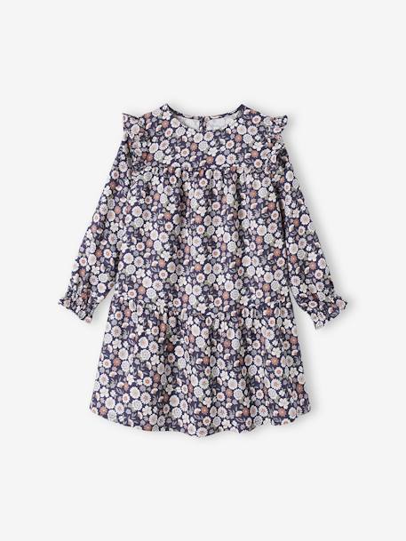 Frilly Dress with Floral Print for Girls aqua green+ecru+night blue+old rose 