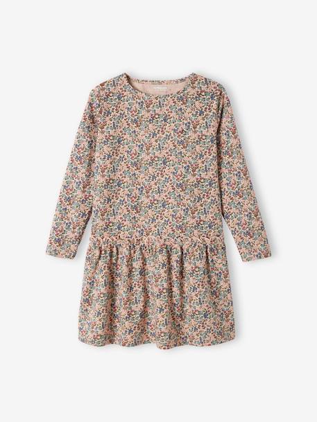 Long Sleeve Printed Dress for Girls ecru+grey green+old rose+printed brown+rosy 