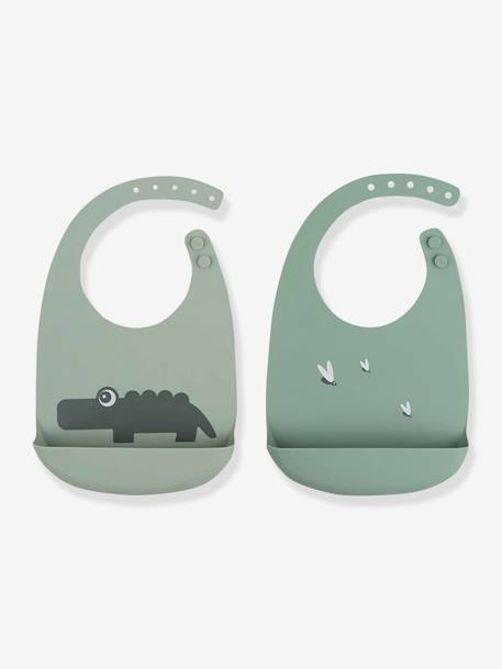 Pack of 2 Silicone Bibs, Croco by DONE BY DEER green+rose 