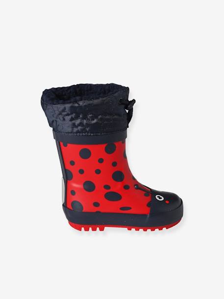 Printed Natural Rubber Wellies with Fur Lining, for Babies red 