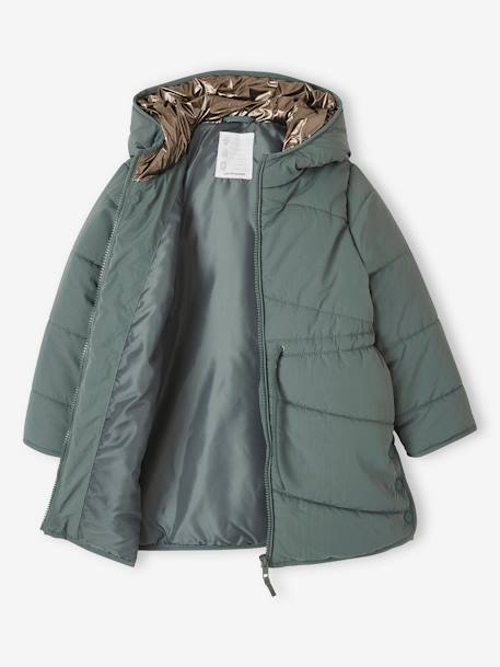 Long Lightly Padded Jacket with Shiny Hood for Girls green 