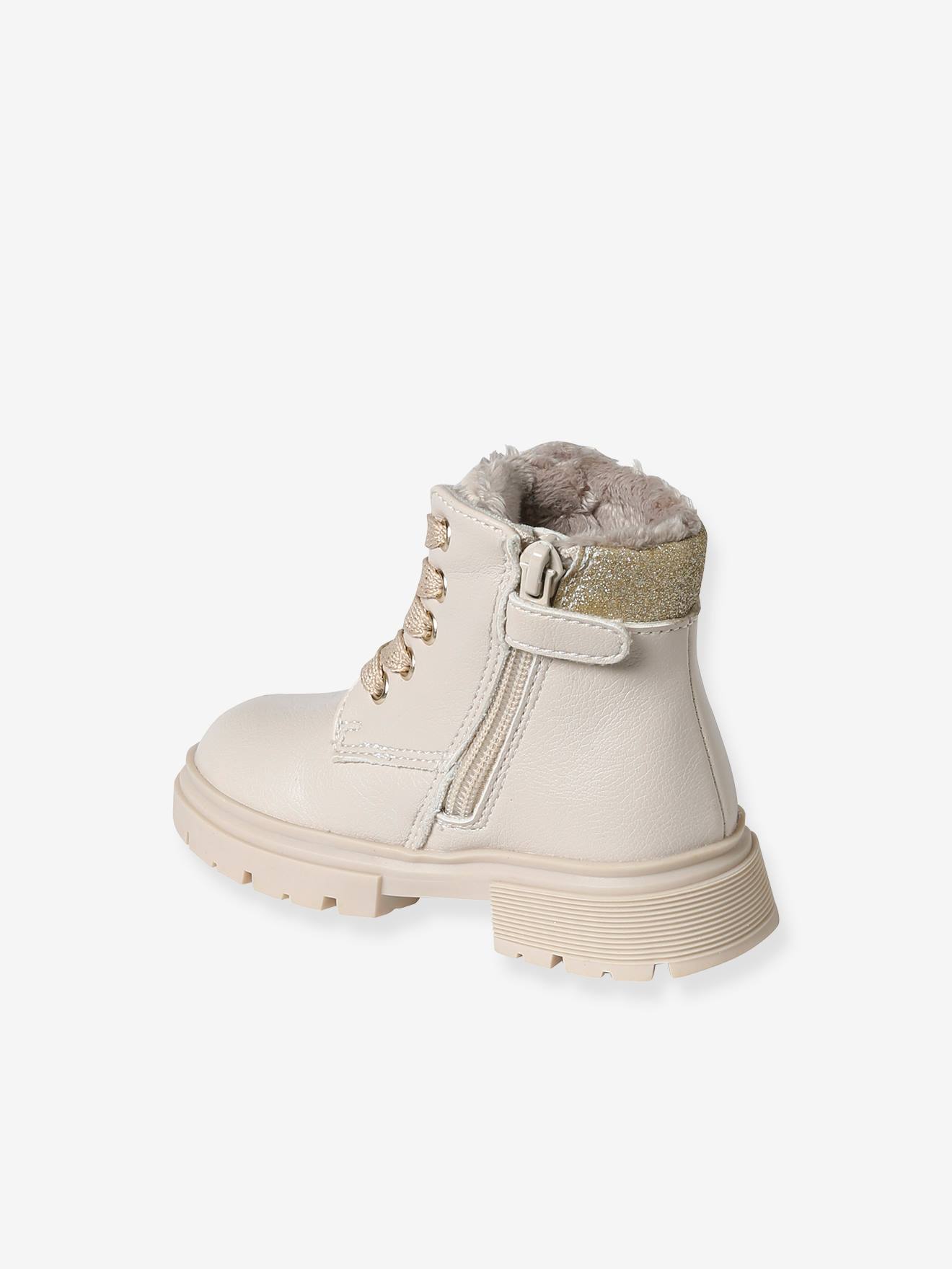 Fur lined Boots with Zip Laces for Babies ecru Shoes Vertbaudet