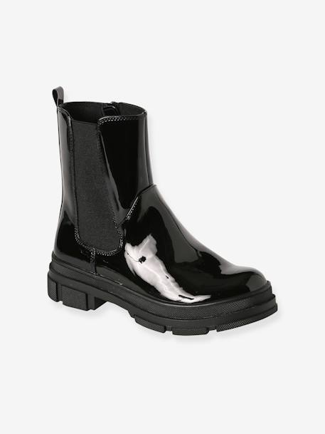 Patent Boots with Zip & Elastic, Junior black 