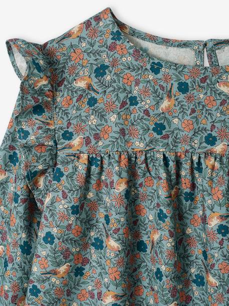 Frilly Dress with Floral Print for Girls aqua green+ecru+grey blue+night blue 