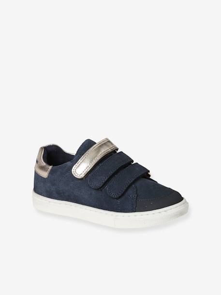 Hook-and-Loop Trainers in Leather for Girls black+brown+navy blue 