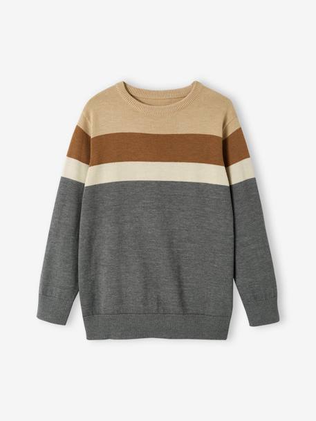 Striped Colourblock Jumper in Fine Knit for Boys BEIGE LIGHT SOLID WITH DESIGN+marl grey 