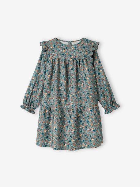 Frilly Dress with Floral Print for Girls aqua green+ecru+grey blue+night blue 