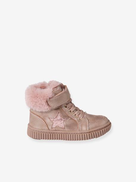 Fur-Lined Trainers with Laces, Hook & Loop Strap & Zip, for Babies nude pink 