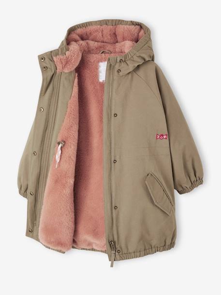 Hooded Parka with Faux Fur Lining for Girls black+dusky pink+green+khaki+old rose 