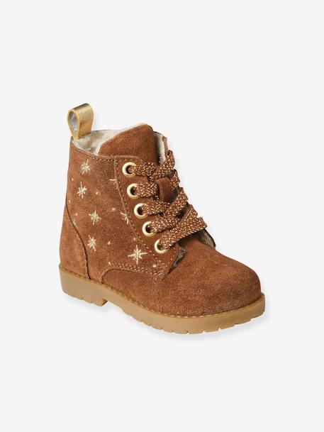 Furry Leather Boots with Laces & Zips for Babies camel 