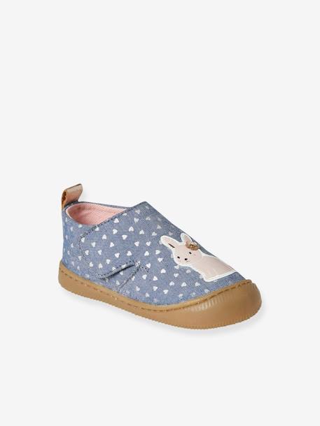 Fabric Indoor Shoes in Printed Fabric, with Hook-&-Loop Strap, for Babies chambray blue+printed white 