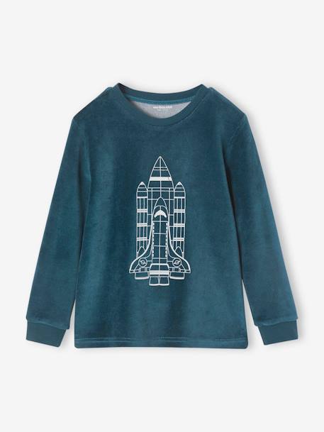 Velour Pyjamas with Glow-In-The-Dark Rocket for Boys peacock blue 