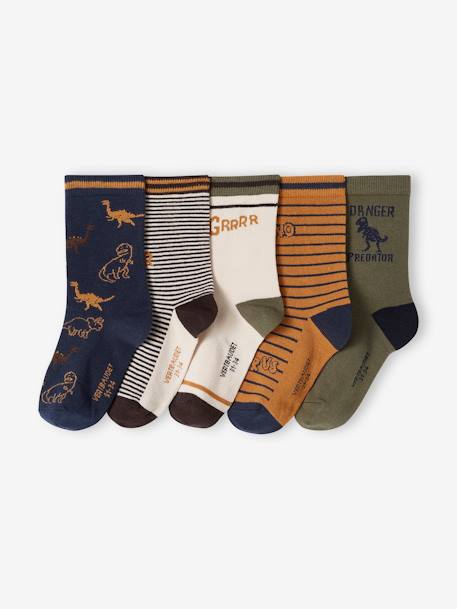 Pack of 5 Pairs of 'Dino' Socks for Boys pecan nut 