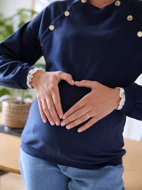 Fleece Sweatshirt, Maternity & Nursing Special BROWN LIGHT SOLID+navy blue 