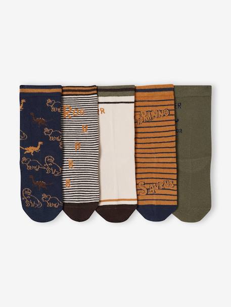 Pack of 5 Pairs of 'Dino' Socks for Boys pecan nut 