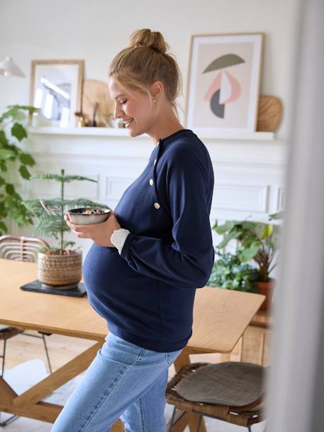 Fleece Sweatshirt, Maternity & Nursing Special BROWN LIGHT SOLID+navy blue 