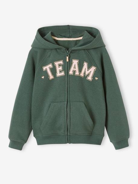 Hooded Jacket with 'Team' Sport Motif for Girls aqua green+green+navy blue 