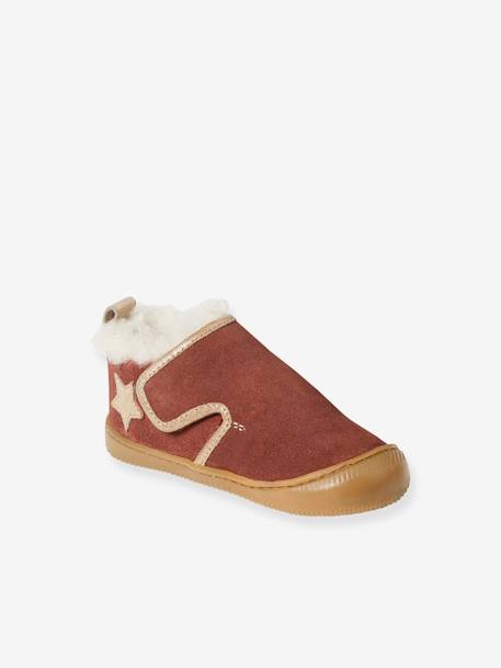 Indoor Shoes in Smooth Leather with Hook-&-Loop Strap and Furry Lining, for Babies old rose 