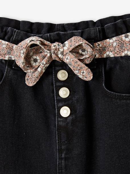 Paperbag Jeans + Floral Belt, for Girls - black denim