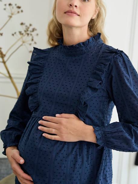 Frilly Blouse in Plumetis for Maternity navy blue 