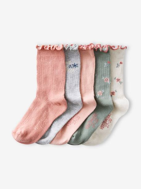 Pack of 5 Pairs of Rib Knit/Openwork Socks for Girls sweet pink 