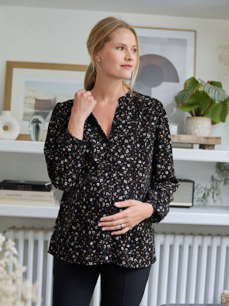 Printed Corduroy Blouse, Maternity & Nursing Special black 