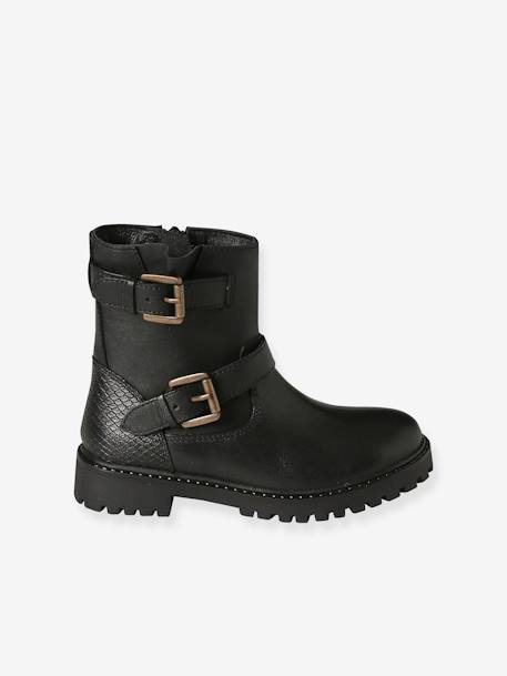 Leather Ankle Boots with Straps & Zips for Girls black 