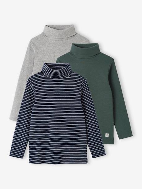 Pack of 3 High Neck Tops for Boys English green+ink blue+ochre 