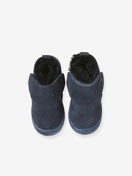 Indoor Shoes in Smooth Leather with Fur Lining & Hook-&-Loop Strap, for Babies navy blue 