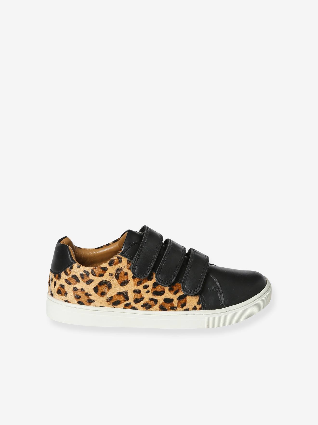 Leather Trainers with Hook Loop Straps Leopard Print printed