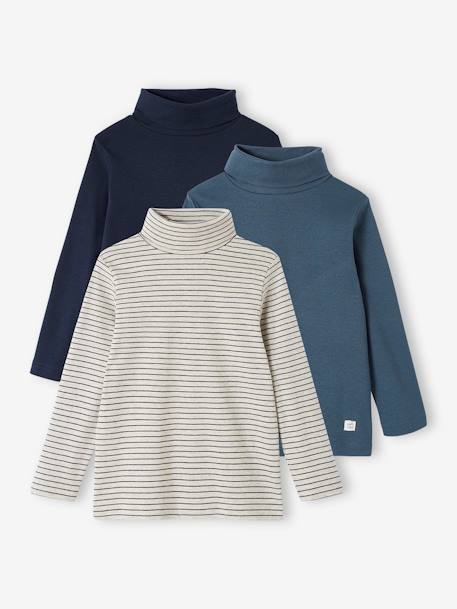 Pack of 3 High Neck Tops for Boys English green+ink blue+ochre 