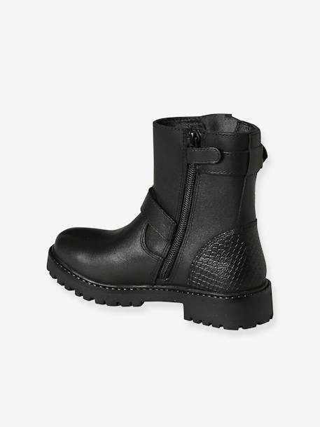 Leather Ankle Boots with Straps & Zips for Girls black 