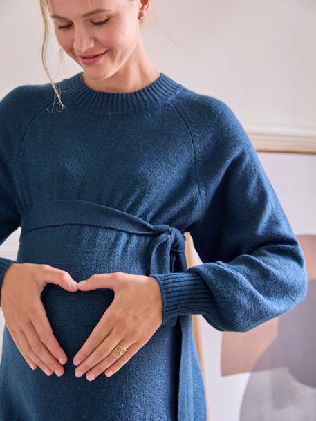 Mid-Length Jumper Dress with Belt for Maternity ocean blue 