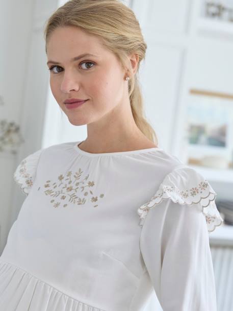 Embroidered Blouse in Cotton Gauze & Viscose for Maternity ecru 