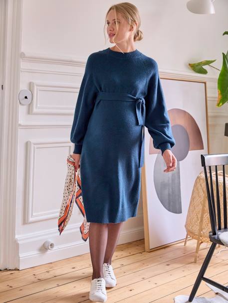 Mid-Length Jumper Dress with Belt for Maternity ocean blue 