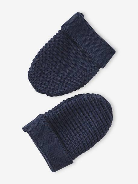 Beanie, Mittens & Booties Set, Matching Pouch, for Newborn Babies grey blue+navy blue+White 