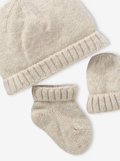 Knitted Beanie + Mittens + Booties Set for Newborn Babies hazel+marl beige 