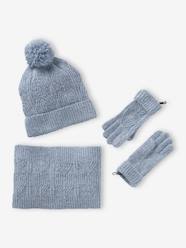 -Beanie + Snood + Mittens Set in Shimmering Cable-Knit