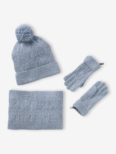 Beanie + Snood + Mittens Set in Shimmering Cable-Knit ecru+grey blue+PINK MEDIUM SOLID 