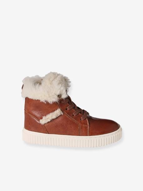 High Top Leather Trainers with Faux Fur for Girls brown 